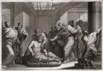 Royaumont Bibeln, Nya testamentet: Paralytisk. Jesus Kristus kallade den helige Matteus och botade en förlamad person i Capharnaeum. Illustration från 1811. av Unknown artist