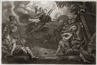 Royaumont Bibeln, Nya testamentet: Pastors at the Crech. En ängel tillkännager Jesu Kristi födelse för pastorerna (Bekännelse till herdarna). Illustration från 1811. av Unknown artist
