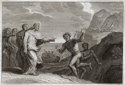 Royaumont Bibeln, Nya testamentet: Possede gueri. Jesus Kristus helade en besatt som demonen gjorde rasande. Illustration från 1811. av Unknown artist