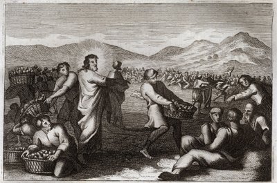 Royaumont Bibeln, Nya testamentet: Förökning av bröd. Jesus Kristus förökar fem bröd och matar fem tusen män. Illustration från 1811. av Unknown artist