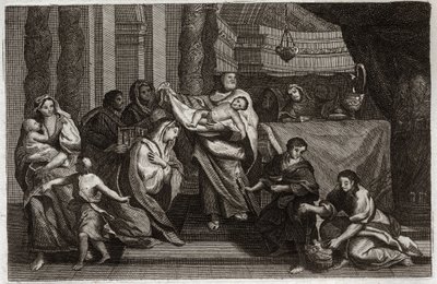 Royaumont Bibeln, Nya testamentet: Rening av jungfrun eller presentation i templet. Den heliga familjen erbjuder Jesus Kristus till templet och ger det till Symeon (eller Simeon eller Simon). En kvinna håller två duvor i en korg. Illustration från 1811. av Unknown artist