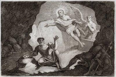 Royaumont Bibeln, Nya testamentet: Uppståndelse. Jesus Kristus reser sig från sin grav under vördnad för de romerska soldaterna som hade somnat. Illustration från 1811 (gravyr) av Unknown artist