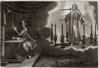 Royaumont Bibeln, Nya testamentet: Johannes uppenbarelser i uppenbarelseboken. Jesus Kristus visar sig i Johannes Johannes mellan sju gyllene ljusstakar, med sju stjärnor i hans högra hand och ett svärd som kommer ut ur hans mun. Illustration från 1811. av Unknown artist