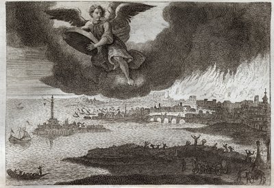 Royaumont Bibeln, Nya testamentet: Ruin av Babylon. Babylon i brand, en ängel kastar en sten mot havet, som symboliserar förstörelsen av denna stad under uppenbarelsen. Illustration från 1811. av Unknown artist