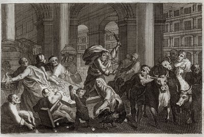 Royaumont Bibeln, Nya testamentet: Säljare jagar från templet. Jesus Kristus driver bort från templet de som vanhelgade honom genom trafiken de ägnade sig åt där. Illustration från 1811. av Unknown artist
