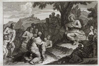Royaumont Bibeln, Nya testamentet: Predikan på berget. Jesus Kristus väljer ut tolv Apoters av sina lärjungar och gör inför dem och inför ett stort folk predikan, som brukar kallas Bergspredikan. Illustration från 1811. av Unknown artist