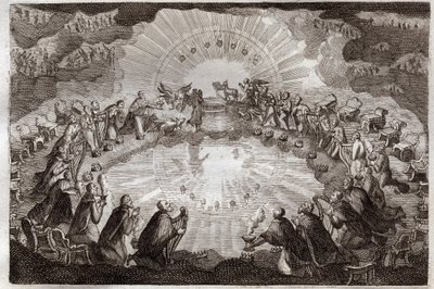 Royaumont Bibeln, Nya testamentet: Sju sigill av boken öppnad av Lammet. De tjugofyra äldste böjer sig framför tronen omgivna av ett lejon, en oxe, en man och en örn (tetramorf) och sju lampor. Illustration från 1811. av Unknown artist