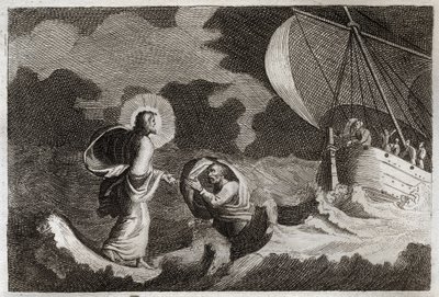 Royaumont Bibeln, Nya testamentet: St Peter går på vattnet. Jesus Kristus går på havet och får Sankt Peter att gå dit. Illustration från 1811. av Unknown artist