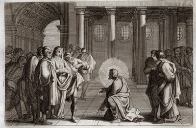 Royaumont Bibeln, Nya testamentet: Den äktenskapliga kvinnan. Jesus Kristus lurar sig själv från de fällor som judarna lade över honom, och frågar honom vad man ska göra av en kvinna som grips i äktenskapsbrott, och säger: "Låt den av dig som är utan synd  av Unknown artist