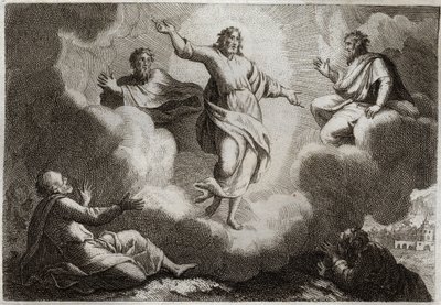Royaumont Bibeln, Nya testamentet: Jesu Kristi förvandling. Kristus omger Mose och Elia med nedan aposteln Sankt Johannes, Petrus och Jakob. Illustration från 1811. av Unknown artist