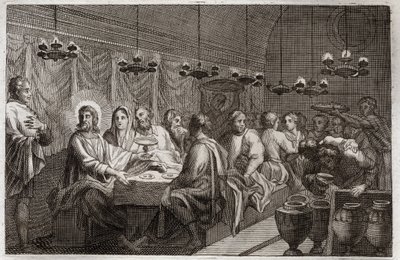 Royaumont Bibeln, Nya testamentet: Bröllopet i Kana. Jesu Kristi första mirakel som förvandlade vatten till vin. Illustration från 1811. av Unknown artist