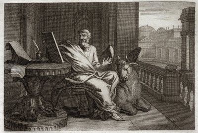 Royaumont Bibeln, Nya testamentet: Evangelisten Saint Luke med tjuren. Illustration från 1811. av Unknown artist