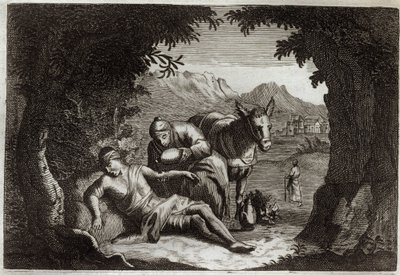 Royaumont Bibeln, Nya testamentet: Liknelsen om den barmhärtige samariten. Samariten stannade på väg för att rädda den nödställda mannen. Illustration från 1811. av Unknown artist