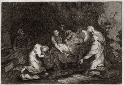 Royaumont Bibeln, Nya testamentet: Grav. Jesu Kristi grav. Bland karaktärerna som omger Jesu Kristi kropp: Jungfru Maria, Saint Nikodema, Saint Joseph of Arimathia, Saint John the Evangelist och Saint Mary Magdalena. Illustration från 18 av Unknown artist