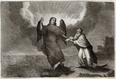 Royaumont Bibeln, Nya testamentet: Vision av Sankt Johannes. Vision of the Angel med en öppen bok ger Saint John att sluka honom. Illustration från 1811. av Unknown artist