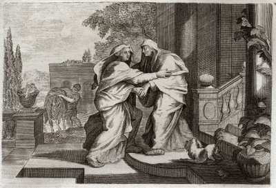 Royaumont Bibeln, Nya testamentet: Besök. Jungfru Maria besöker sin kusin Elisabeth. Illustration från 1811. av Unknown artist