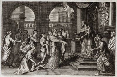 Royaumont Bibeln, Gamla testamentet: Ester kommer att presentera sig inför kung Xerxes I (Assuerus I), i avsikt att rädda sitt folk från döden som hotade honom. Illustration från 1811. av Unknown artist