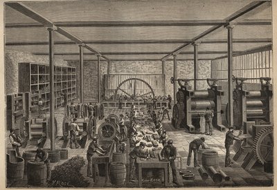 Gummi: gummifabrik. Gravyr från 1885 i "" Les arts et metiers illustres"" av Adolphe BITARD. av Unknown artist