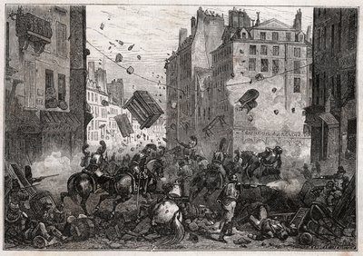 Rue Saint-Antoine under Trois-Glorieuses (juli 1830) - Revolutionen av 1830 års barrikadstrider på Rue Saint-Antoine (Saint Antoine) 1830 av Unknown artist