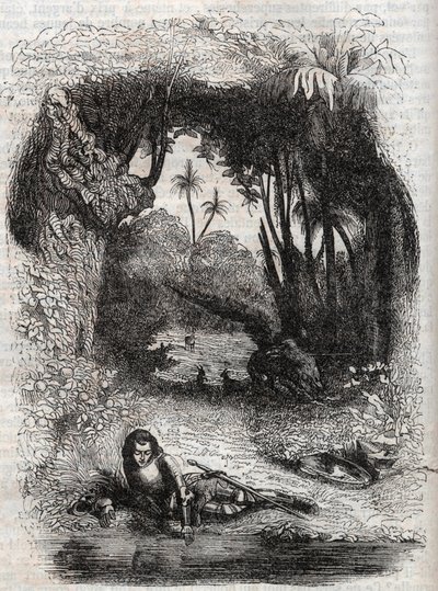 Ruggiero på ön Alcina, - 1851 gravyr från dikten Orlando furioso (1516) av Ludovico Ariosto, - Upplaga översatt från italienska av greven av Tressan och publicerad av Gustave Harvard 1851 av Unknown artist