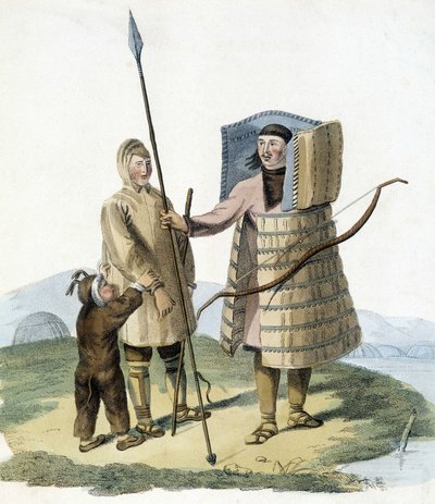 Rysk man i jaktdräkt med sin fru och sitt barn. av Unknown artist