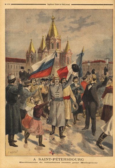 Ryska volontärer i Sankt Petersburg för den franska expeditionen från Madagaskar. Gravyr i "" Le petit journal"" 1895-04-28. Selvas samling. av Unknown artist