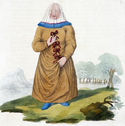 Rysk kvinna av en Ostiak-stam i traditionell dräkt (Khanty eller Khante: Paleosibiriska jägare, etablerade i skogsområdet i den mellersta Ob-dalen). av Unknown artist