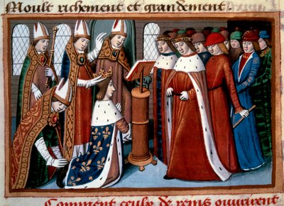 Helige kung Karl VII (1422-1461) av ärkebiskopen av Reims den 17/07/1429 av Unknown artist