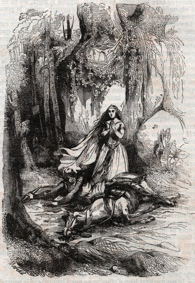 Sacripant (Sacrificer) desarconne i närvaro av Angelica (Angelica) - gravyr från 1851 från "" Roland furieux"" (1500-talet) av Ludovico Ariosto, känd som Ariosta - Upplaga översatt från italienska av greven av Tressan och p. av Unknown artist