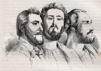 Saint-Simonianism - Saint-Simonianism - Saint Simonians - Charles Duveyrier (1803-1866) - Emile Barrault (1799-1869) - Michel Chevalier (1806-1879 - Gravyr av 1882 i "Histoire de dix ans: 18030"-18430 Louis -Vit (1811-1882) av Unknown artist