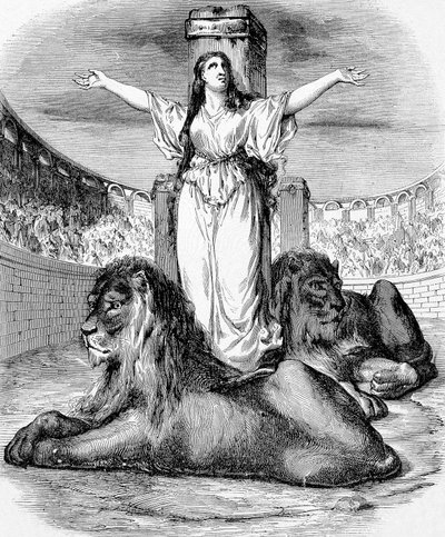 Saint Blandine, ung kristen slav, martyrdöd i lejonring i Lyon 177, gravyr av Unknown artist