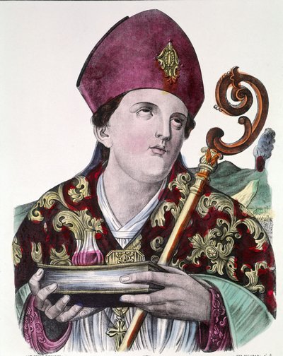 Saint Gennaro eller Saint Janvier, beskyddare av staden Neapel, håller i sina händer ampullen som innehåller hans blod. Färgat populärt tryck från 1800-talet. av Unknown artist