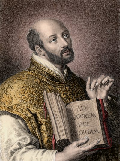 Porträtt av den helige Ignatius av Loyola (1491-1556), spansk teolog, med en bok med Jesu sällskaps latinska motto "" Ad maiorem Dei gloriam""" (För Guds större ära) Ignatius eller Saint Ignatius av Unknown artist