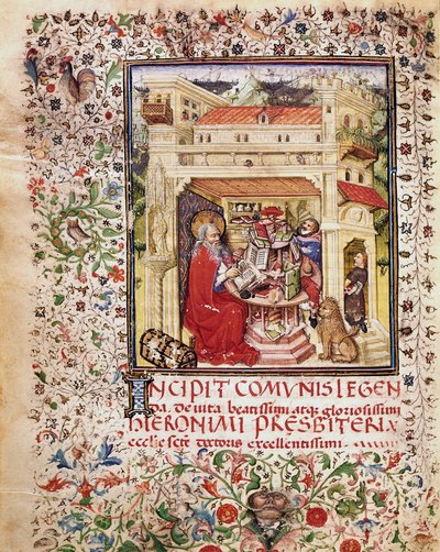 Den helige Hieronymus i sin studie Sida hämtad från manuskriptet "Opuscola spirituala et moralia" från 1400-talets Rom, Biblioteca Vallicelliana av Unknown artist