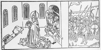 Sankt Lambert. Gravyr från "De heligas liv - sommardelen" (Sagonets bok) av Jacobus (James) från Voragine (1228-1298). Lübeck 1488. av Unknown artist