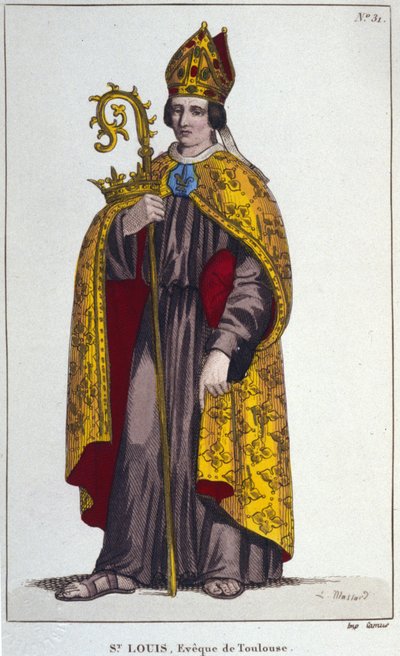 Saint Louis av Toulouse eller Saint Louis av Anjou. Lille brorson av Saint Louis (1274 till 1297), biskop av Toulouse. gravyr från 1830 av Unknown artist