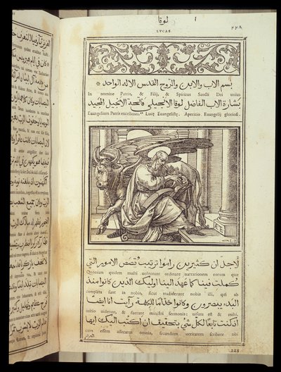 Saint Luke the Evangelist i "Bibeln"" skriven på latin och arabiska. av Unknown artist