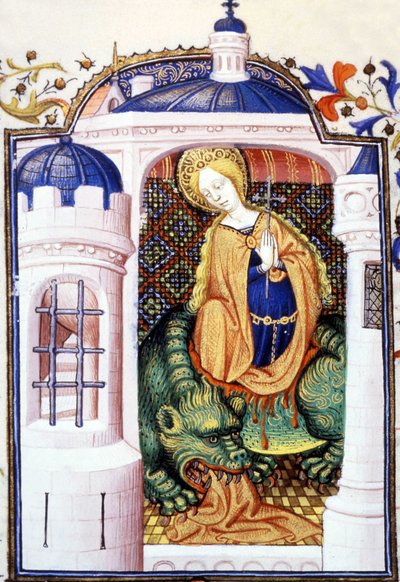 Sankta Marta och monstret Tarasque. 1400-talsmanuskript. av Unknown artist