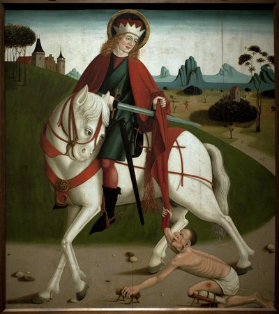 Sankt Martin och tiggaren. Han klippte av sin rock för att ge den till en tiggare. anonym målning, omkring 1490. Magyar Nemzeti Galleria, Budapest, Ungern. av Unknown artist