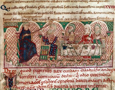 Saint Maur (512-584) grundare av klostret Flanfeuil (Saint Maur) i Anjou tas emot vid bordet av Gaidulfe av Ravenna, munkarnas förföljare och straffar honom Miniature from Life and Miracles of Saint Maur” (ms 2273) 1100-1140 Kommunbibliotek av Unknown artist