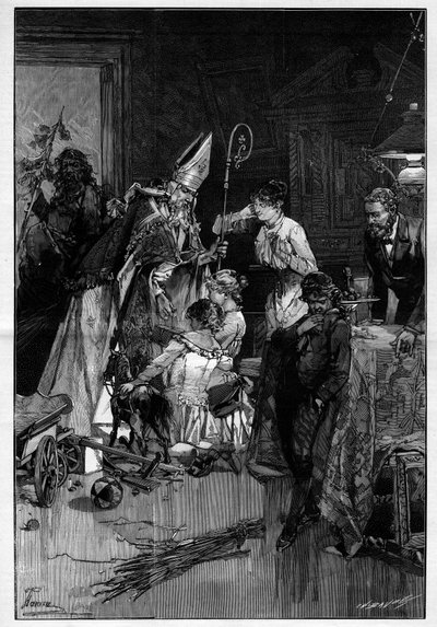 Saint Nicholas (Saint Nicholas) festival i Lorraine som ger barn leksaker. Han åtföljs av compere djävulen som ger honom yards. Gravyr i "" Le Monde Illustré"" av Unknown artist