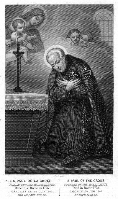 Sankt Paulus av korset, grundare av passionisterna besvikna i Rom 1775, helgonförklarad den 29 juni 1867 av påven Pius IX. Gravyr av 1800-talet. av Unknown artist