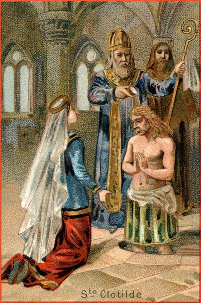 Saint Remi, eveque av Reims, döper Clovis I (465-511), kung av francen, 25 december 496. Till vänster, Saint Clotilde. av Unknown artist