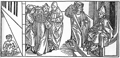 Saint Severin. Gravyr ur "De heligas liv - sommardelen" (Helgonets bok) av Jacobus (James) från Voragine (1228-1298). Lübeck 1488. av Unknown artist