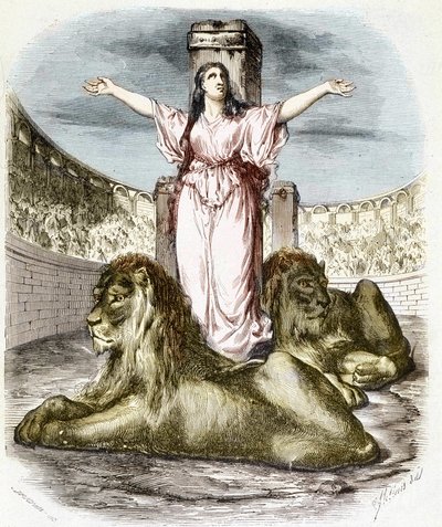 Sainte Blandine på arenan, lejonen som ligger vid hans fötter (kristna förföljelser i Lyon) - i "Histoire des popes"" av Maurice Lachatre av Unknown artist
