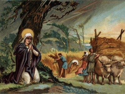 Sainte Genevieve (422-502), skyddshelgon för Paris bevarar stormens skördar i meaux.Kromolitografi runt 1890. av Unknown artist