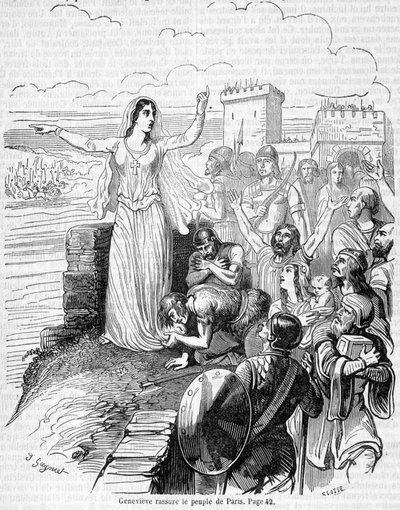 Sainte Geneviève, organiserar försvaret av Paris mot horderna av Attila och lugnar folket i Paris - i "Histoire de France"" av Anquetil av Unknown artist