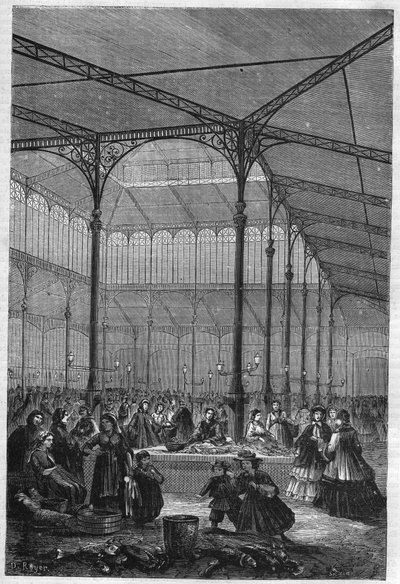 Försäljning av fisk på auktionen i Halles de Paris 1866 (Pavillon Baltard). av Unknown artist