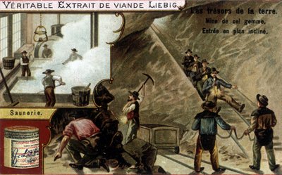 Saltlösning och saltgruva: saltutvinning och bättre. Kromolitografi av Liebig-produkter, serie “Les trresors de la terre””. av Unknown artist
