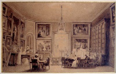 Salong för drottningen av Holland Hortense de Beauharnais (1783-1837) i Augsburg. Gravyr av 1800-talets Paris. Thiers bibliotek av Unknown artist